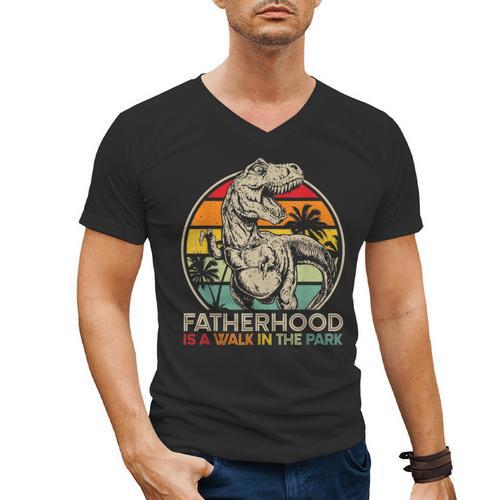 Vintage Fatherhood Is A Walk In The Park Dad T Rex Dinosaur Men's V-Neck T-Shirt - Father's Day Fun