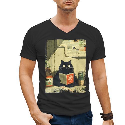 Vintage Japanese Cat Book Lovers Librarian Cat Dad Teacher Men's V-Neck T-Shirt - Father's Day Fun