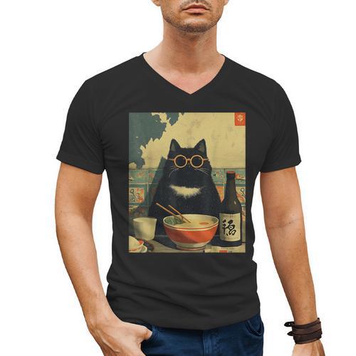 Vintage Japanese Cat Ramen Cat Dad Retro Graphic Women Men's V-Neck T-Shirt - Father's Day Fun