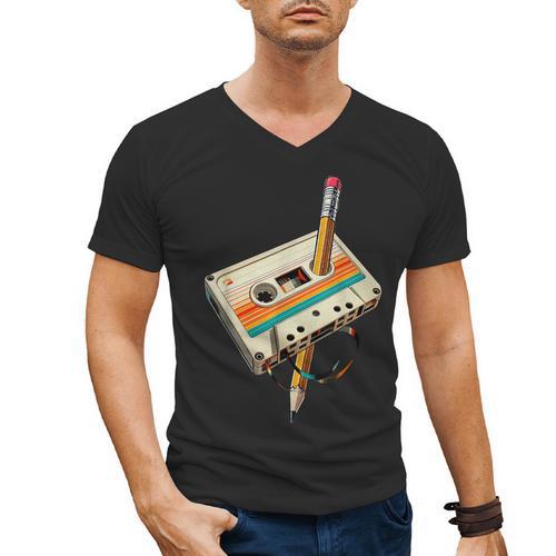 Vintage Pencil Rewind Cassette Tape Nostalgia Party 80s 90s Men's V-Neck T-Shirt - Figerry
