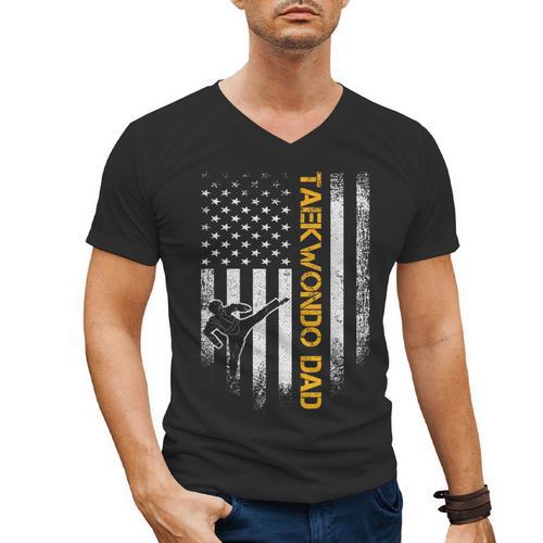 Vintage USA Flag Korea Taekwondo Training Dad Silhouette Men's V-Neck T-Shirt - Father's Day Fun