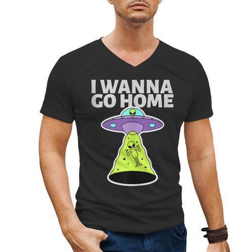 I Wanna Go Home Introvert UFO UAP Flying Saucer Trippy Alien Men's V-Neck T-Shirt - Raresse