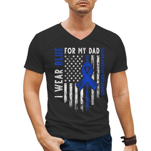 I Wear Blue For My Dad Colon Cancer Awareness Blue USA Flag Men's V-Neck T-Shirt - Father's Day Fun