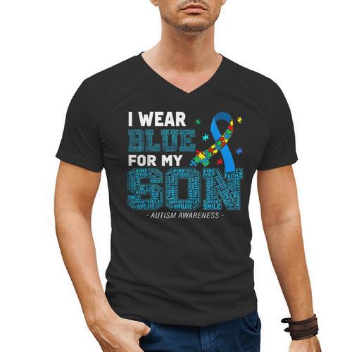 I Wear Blue For My Son Autism Awareness Mom Dad Parents Men's V-Neck T-Shirt - Father's Day Fun