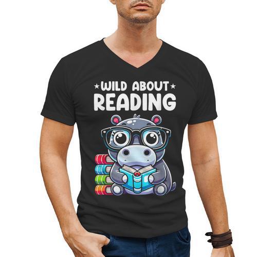 Wild About Reading Book Lover Hippo Men's V-Neck T-Shirt - Bookorys DE