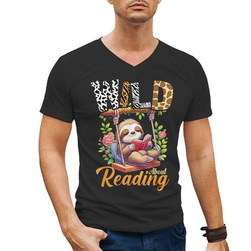 Wild About Reading Books Reader Lover Funny Teacher Animals For Men Women Kids Men's V-Neck T-Shirt - Bookorys DE