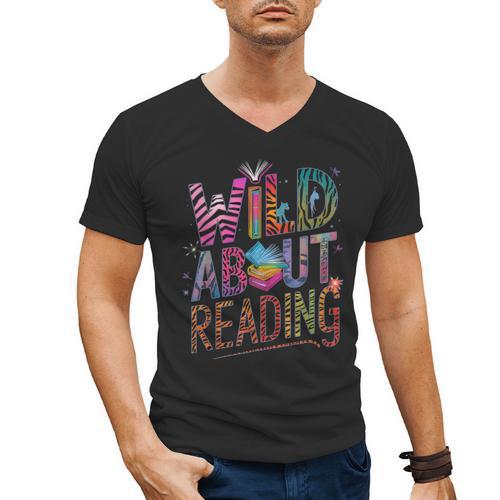 Wild About Reading Books Readers Lovers Bookworm Library Day Men's V-Neck T-Shirt - Bookorys