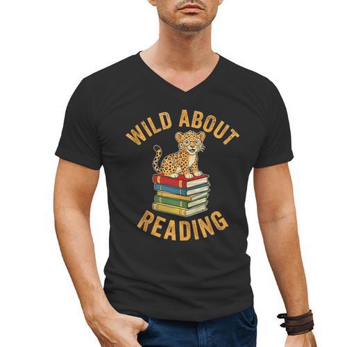 Wild About Reading Cute Leopard Teacher Kids Book Lover Men's V-Neck T-Shirt - Bookorys