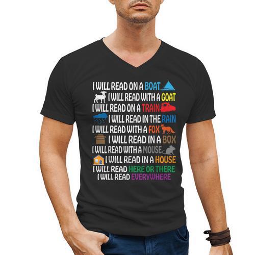 I Will Read Books On A Boat & Everywhere Reading Kids Book Men's V-Neck T-Shirt - Bookorys