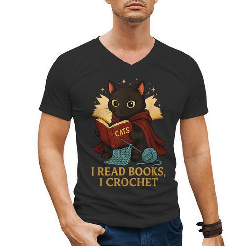 Wizard Cat Reading a Book While Crocheting Men's V-Neck T-Shirt - Bookorys CA