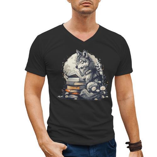 Wolf Reading Book Librarian Library Wolves Men's V-Neck T-Shirt - Bookorys AU