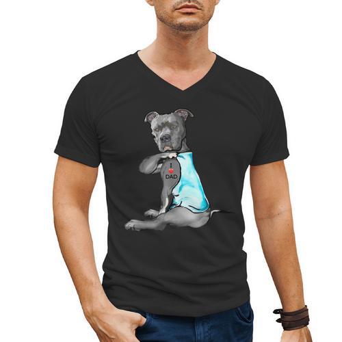 Women Dog Pitbull I Love Dad Tattoo Men's V-Neck T-Shirt - Father's Day Fun