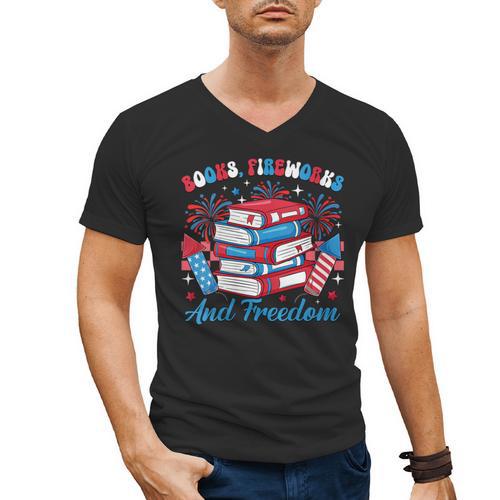 Women's Books Fireworks And Freedom Independence Day Book Lover Men's V-Neck T-Shirt - Bookorys AU