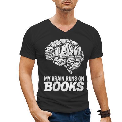 Women's My Brain Runs On Books Reading Bookworm Men Women Men's V-Neck T-Shirt - Bookorys