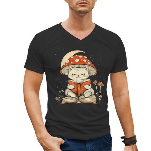Women's Cottagecore Mushroom Cat Reading a Book Men's V-Neck T-Shirt - Bookorys AU