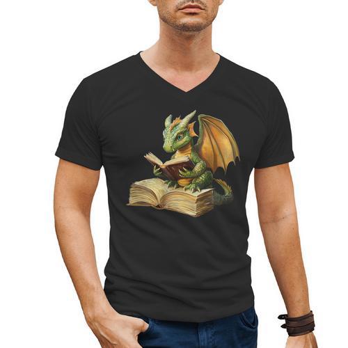 Women's Dragon Bookworm Reading Book Graphic Men's V-Neck T-Shirt - Bookorys AU