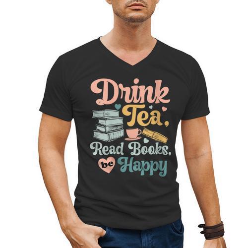 Women's Drink Tea Read Books Nerd Book Reader Book Reading Lover Men's V-Neck T-Shirt - Bookorys