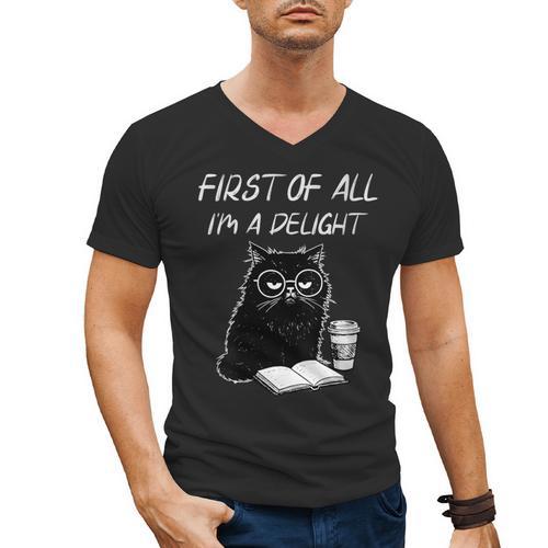 Women's First Of All I’m A Delight Cute Cat Books Coffee Humor Men's V-Neck T-Shirt - Bookorys CA