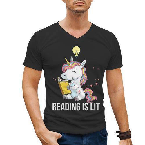Women's Reading Is Lit Unicorn Library English Teacher Book Lover Men's V-Neck T-Shirt - Bookorys AU