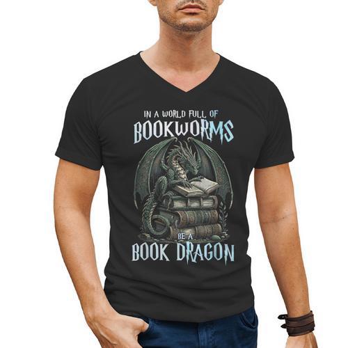 In A World Of Bookworms Be A Book Dragon Book Lover Reader Men's V-Neck T-Shirt - Bookorys CA