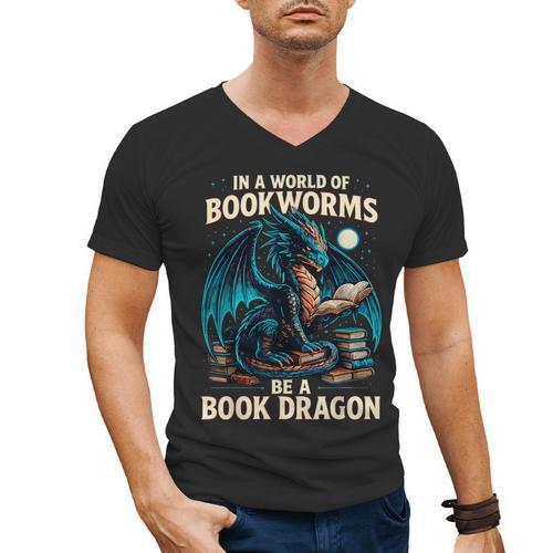 In a World Of Bookworms Be a Book Dragon Reading Men's V-Neck T-Shirt - Bookorys