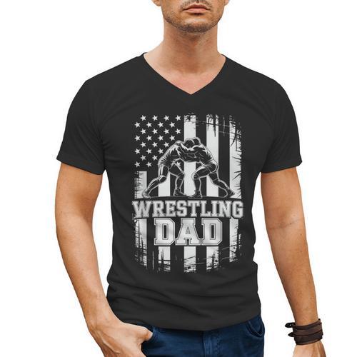 Wrestling Dad US Flag Fathers Day Wrestling Fans Men's V-Neck T-Shirt - Father's Day Fun
