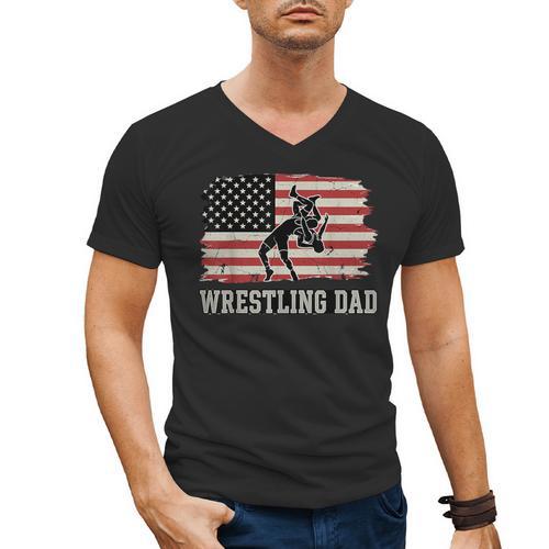 Wrestling Dad US Flag Fathers Day Retro Wrestling Fans Men's V-Neck T-Shirt - Father's Day Fun