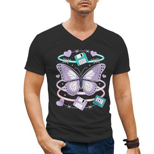 Y2K Butterfly Floppy Disk Art Digital Nostalgia Men's V-Neck T-Shirt - Figerry