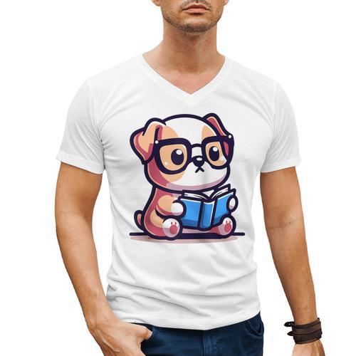 Adorable Book Lover Bulldog With Reading Glasses Cute Raglan Baseball Tee Men's V-Neck T-Shirt - Bookorys UK
