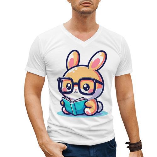 Adorable Book Lover Rabbit With Reading Glasses Cute Premium Men's V-Neck T-Shirt - Bookorys UK