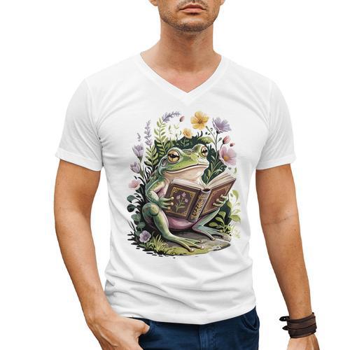 Aesthetic Cottagecore Frog Reading Book Floral Book Lover Men's V-Neck T-Shirt - Bookorys