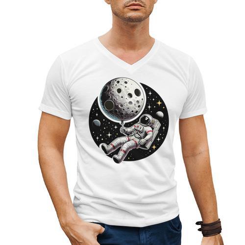 Astronaut Aesthetic Holding Moon Balloon Planets Introvert Men's V-Neck T-Shirt - Raresse