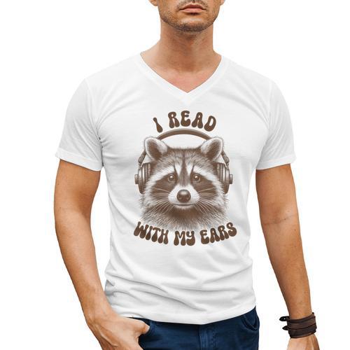 Audio Book Reader Book Lover Raccoon I Read With My Ears Men's V-Neck T-Shirt - Bookorys DE