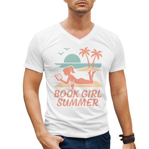 Book Girl Summer Book Reading Retro Sunset Men's V-Neck T-Shirt - Bookorys DE