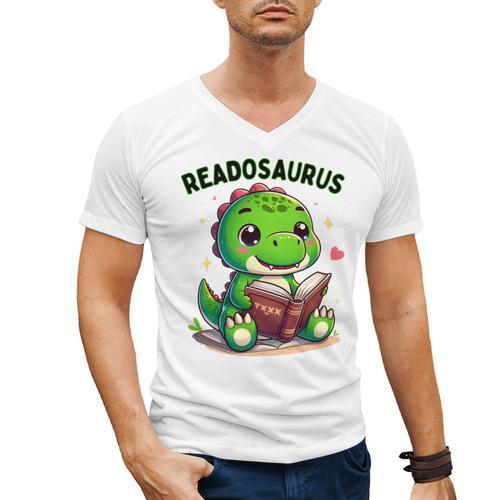 Book Lover Reading Dinosaur Readosaurus Library Men's V-Neck T-Shirt - Bookorys AU