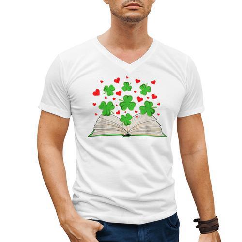 Book With Shamrocks Librarian Saint Patrick's Day Kids Men's V-Neck T-Shirt - Bookorys