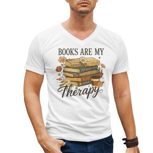Books Are My Therapy Vintage Book Lover Daisy Art Men's V-Neck T-Shirt - Bookorys