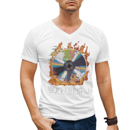 Buffering Glitched CD On Fire 2000s Nostalgia Men's V-Neck T-Shirt - Figerry