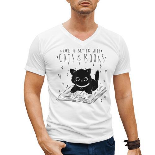 Cat Book For Women Life Is Better With Cats And Books Men's V-Neck T-Shirt - Bookorys