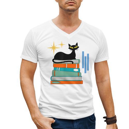 Cat And Books Retro Midcentury Mid Century Aesthetic Men's V-Neck T-Shirt - Bookorys
