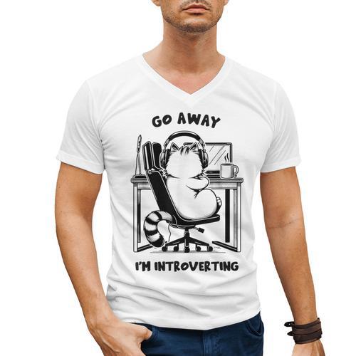 Cat With Coffee On Computer Go Away I'm Introverting Men's V-Neck T-Shirt - Raresse