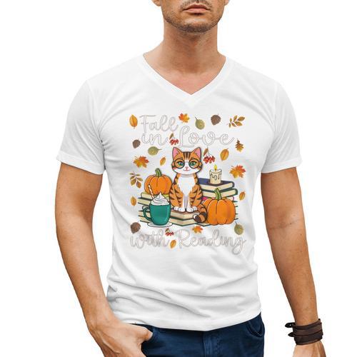 Cat Fall In Love With Reading Book Lover Autumn Men's V-Neck T-Shirt - Bookorys