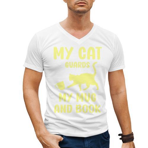 My Cat Guards My Mug And Book Humor Cats Premium Tri-Blend Men's V-Neck T-Shirt - Bookorys DE