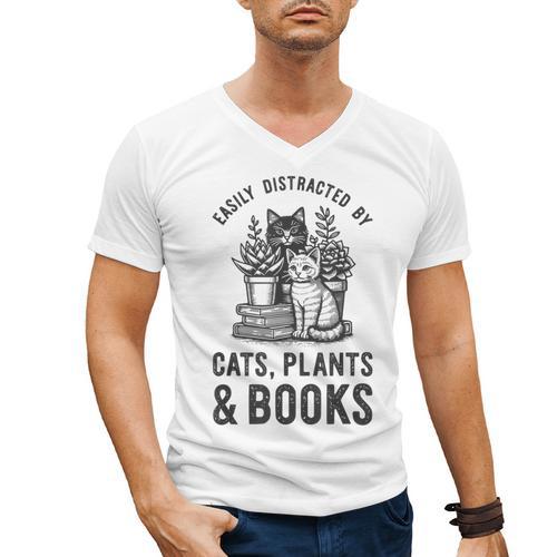 Cats Plants And Books Shirt Plant Lover Gardening Men's V-Neck T-Shirt - Bookorys AU