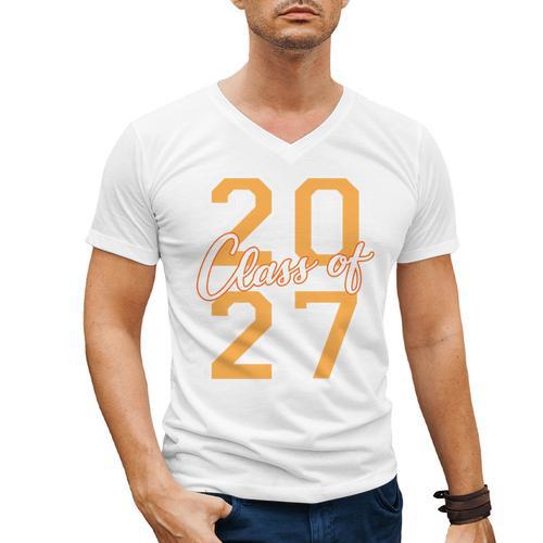 Class Of 2027 Graduation Varsity Orange On The Back Premium Tri-Blend Men's V-Neck T-Shirt - Best Gift Smart