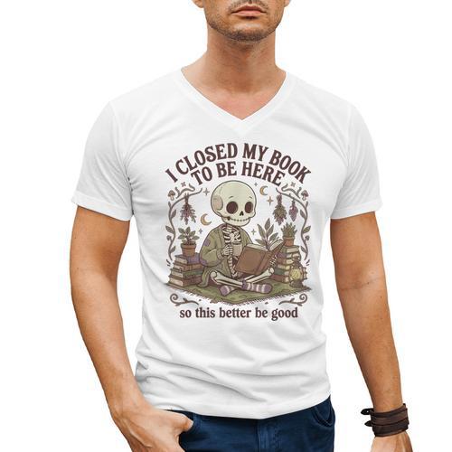 I Closed My Book To Be Here Cottagecore Skeleton Cute Reader Men's V-Neck T-Shirt - Bookorys CA