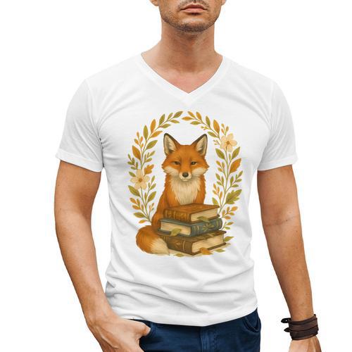 Cottagecore Whimsical Woodland Red Fox Behind Stack Of Books Men's V-Neck T-Shirt - Bookorys CA