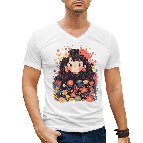 Cottagecore Wild Flowers Book Reader Cat Nature Soft Men's V-Neck T-Shirt - Bookorys AU