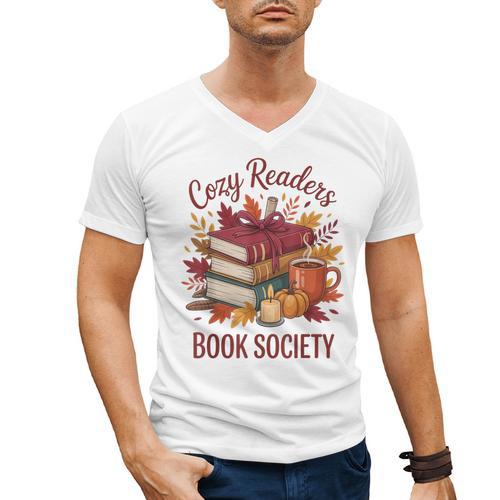 Cozy Readers Book Society Fall Autumn Floral Pumpkin Season Men's V-Neck T-Shirt - Bookorys