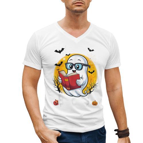 Cute Ghost Reading Book Retro Halloween Librarian Men's V-Neck T-Shirt - Bookorys DE